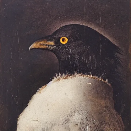 Prompt: portrait of the head of black crow from behind looking over his shoulders, head turned, oil painting in the style of bieter bruegel the elder, highly detailed and crisp render of distressed feathers, eyes made out of reflective chrome like a mirror