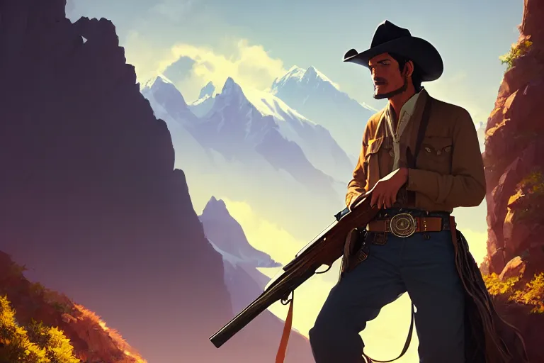 Image similar to old pedro pascal as a cowboy with a beautiful rifle, single subject, mountaineous background, scenic full shot, ambient lighting, detailed face, by makoto shinkai, stanley artgerm lau, wlop, rossdraws