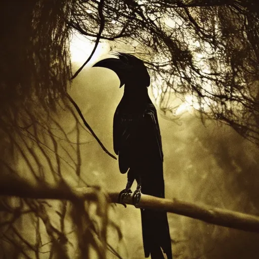 Image similar to werecreature consisting of a crow and a human, photograph captured in a dark forest