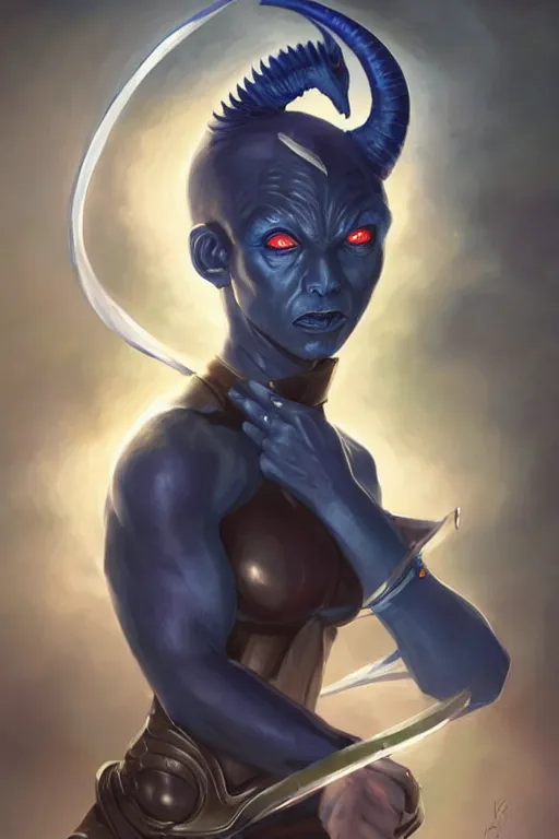 Image similar to shirley ann manson as a dark blue skinned tiefling, d & d, fantasy, portrait, highly detailed, headshot, digital painting, trending on artstation, concept art, sharp focus, illustration, art by artgerm and greg rutkowski and magali villeneuve