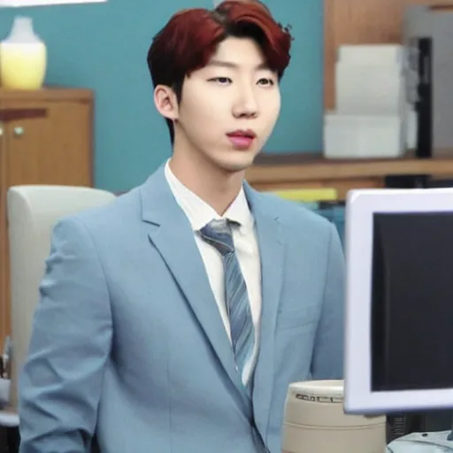 Image similar to Kim Namjoon from bts in The Office TV show season 7, HD, 2009, joon, screenshot, rapmonster, rm, official