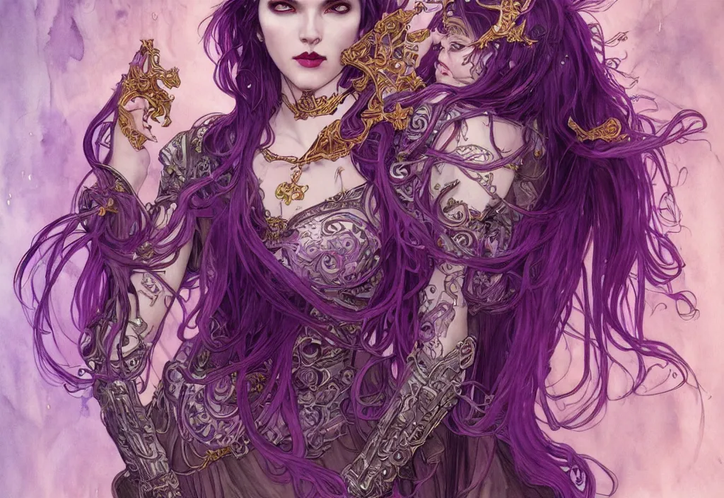 Prompt: vampire with purple hair in armor, highly detailed, very intricate, art nouveau, gold filigree, romantic storybook fantasy, soft cinematic lighting, award - winning, disney concept art watercolor illustration by mandy jurgens and alphonse mucha and alena aenami, pastel color palette, featured on artstation
