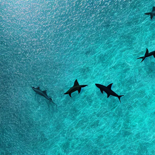 Image similar to looking down at thousands of hammerhead sharks, sharp focus, octane render