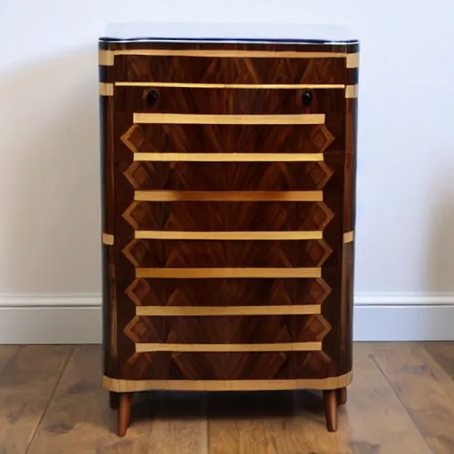 Image similar to realistic photo of an art deco chest of drawers with cabriole legs, walnut wood inlaid with maple accents