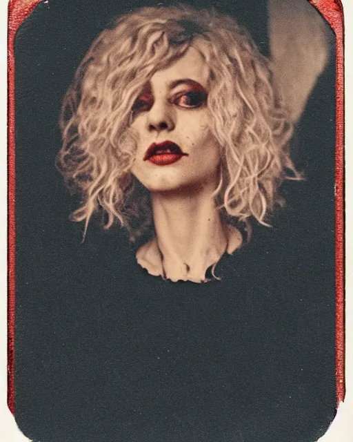 Image similar to an instant photo of a beautiful but sinister woman in layers of fear, with haunted eyes and matted blonde hair, 1 9 7 0 s, seventies, delicate embellishments, a little blood, crimson, painterly, offset printing technique, mary jane ansell