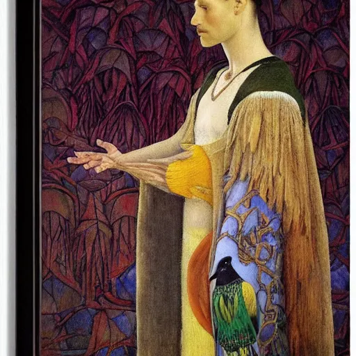 Image similar to portrait of a crow wearing a crown, by Diego Rivera and Annie Swynnerton and Maxfield Parrish, symbolist, dramatic lighting, embroidered brocade robes, god rays, rich colors,smooth, sharp focus, extremely detailed