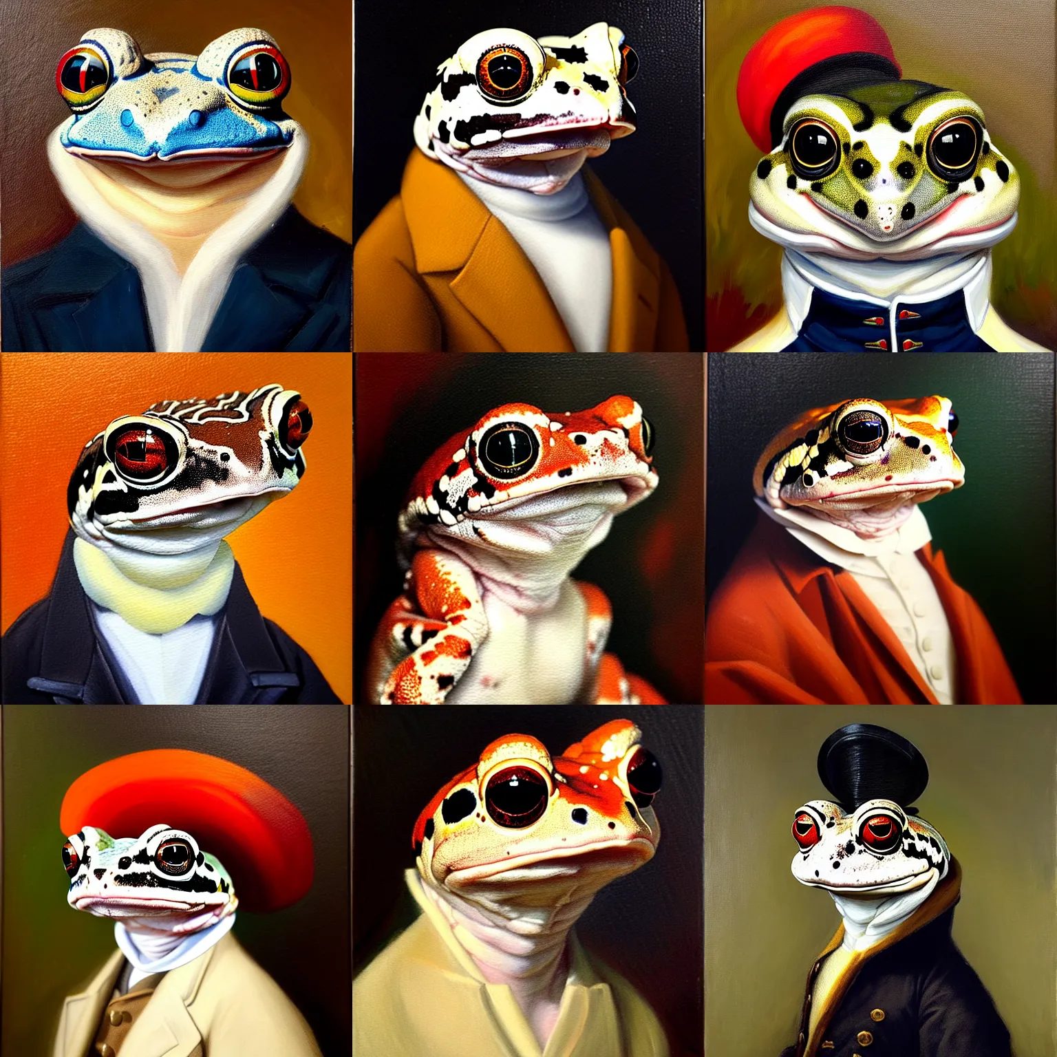 Image similar to a head and shoulders portrait painting of an anthropomorphic!!!!!!!!!! amazon milk frog!!!!!!!!!! wearing a colonial!!!!!!!!!! outfit without a hat looking off camera, a character portrait, romanticism, oil on canvas, visible brushstrokes, intense colors