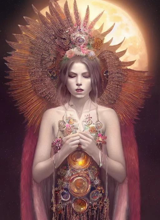 Image similar to A beautiful digital painting of a female Seraphim full of jewels, princess, the moon behind her, intricate, cinematic lighting, highly detailed, digital painting, Artstation, concept art, smooth, sharp focus, illustration, art by Tom Bagshaw, Artgerm and Greg Rutkowski