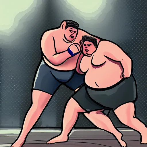 Prompt: fat guy fighting skinny slim guy, mma, in paris, digital art, 4k