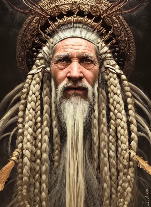 Prompt: portrait of a 9 0 year old giant shaman with long braids of white hair and beard, piercing eyes, wearing ornate helmet, hyper realistic face, epic, very low angle, fantasy art, in the style of greg rutkowski, intricate, alphonse mucha, hyper detailed, smooth