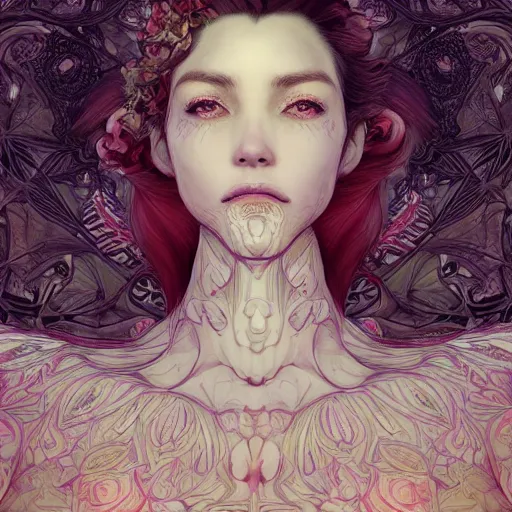 Image similar to the face of an absurdly beautiful, graceful, elegant, sophisticated mature woman of strawberries and white petals with tears, an ultrafine hyperdetailed illustration by kim jung gi, irakli nadar, intricate linework, bright colors, octopath traveler, final fantasy, unreal engine 5 highly rendered, global illumination, radiant light, detailed and intricate environment