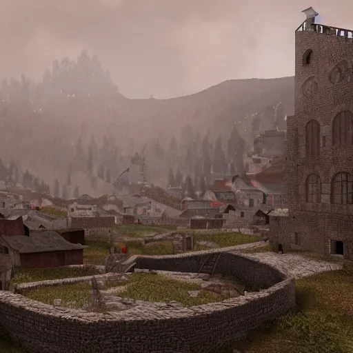 Image similar to the center of a poor medieval town under heavy rain at late dawn, in a valley, surrounded by mountains, highly detailed, octane render, ultra detailed cinematic, 8 k, widescreen, 1 6 : 9, hd