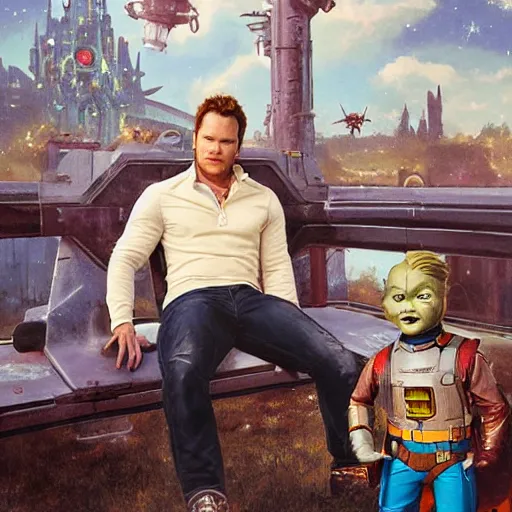 Image similar to the actor chris pratt as star lord sitting beside the doll chucky, disney land as backdrop, oil painting, by greg rutkowski