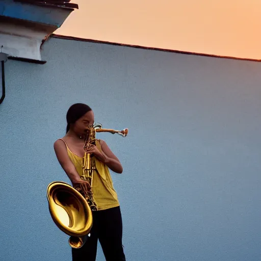 Image similar to a woman playing the saxophone on the roof of a building while it's raining, paint, golden hour