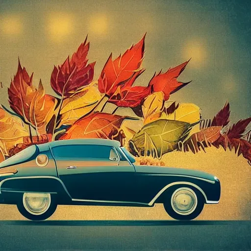 Image similar to vintage car made of autumn, cinematic, pop art style, featured on artstation, happy, vintage colors, poster