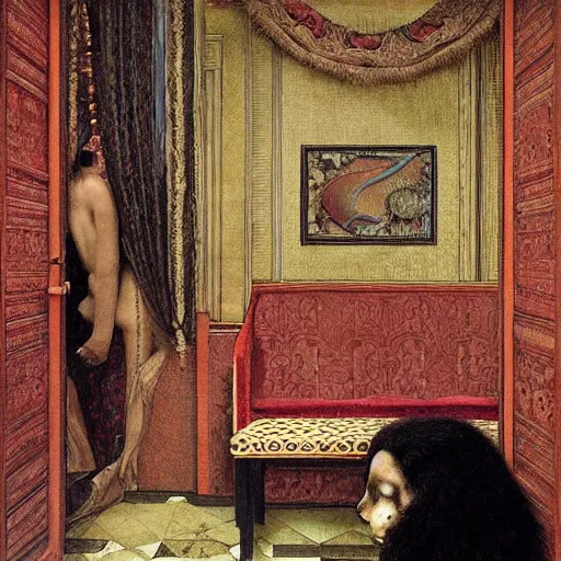 Prompt: hyperrealistic detailed painting of a black scary monster in an hotel room, art by ernst haeckel, john william godward, hammershøi, alphons mucha, pontormo, ornamental, decorative, art nouveau pattern, deep pastel colors,