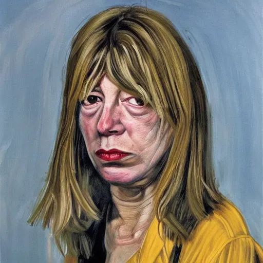 Prompt: high quality high detail painting by lucian freud, hd, portrait of kim gordon, sonic youth