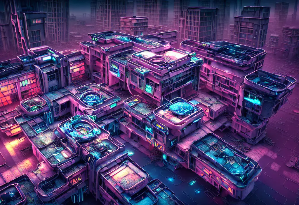 Image similar to A highly detailed crisp unreal engine render of aerial drone photo of A beautiful futuristic cyberpunk abandoned dystopia city building with neon fine lights, plants allover , godray, sunlight breaking through clouds, clouds, debris on the ground, abandoned machines bright colors, isometric, nitid horizon, factory by wangchen-cg, 王琛,Neil blevins, artstation, Gediminas Pranckevicius