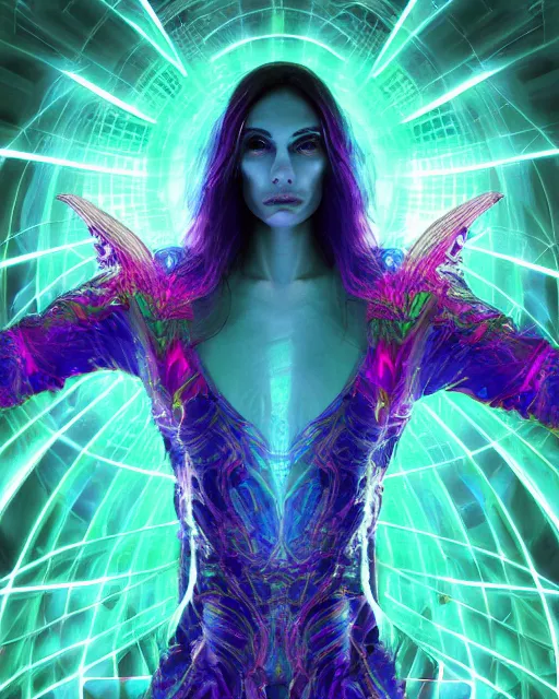 Image similar to a powerful energy psychedelic matrix sorceress, by alexander fedosav, hyper detailed digital matte painting, concept art, hyperrealism, 1 6 k resolution, cinema 4 d, 8 k resolution, trending on artstation, behance hd, a masterpiece, by stephan martiniere, particles, cel - shaded, power bright neon energy, by david a. hardy,