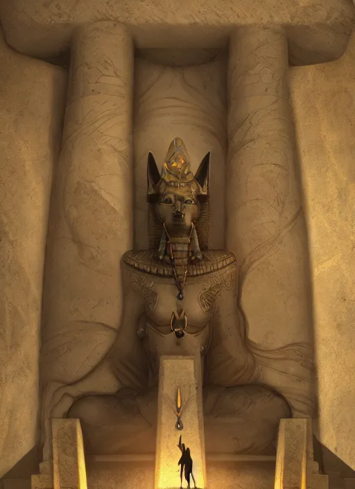 Prompt: anubis guarding the entrance to the mausoleum, concept art, digital illustration, trending on artstation, deviantart, artgerm, epic composition, masterpiece, highly detailed, advanced technique, realistic, ambient lighting, wlop, ross draws