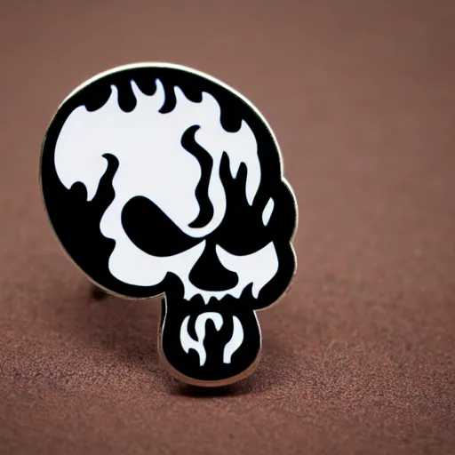 Image similar to a retro minimalistic menacing clean skull with roaring fire flame enamel pin, hd, concept art