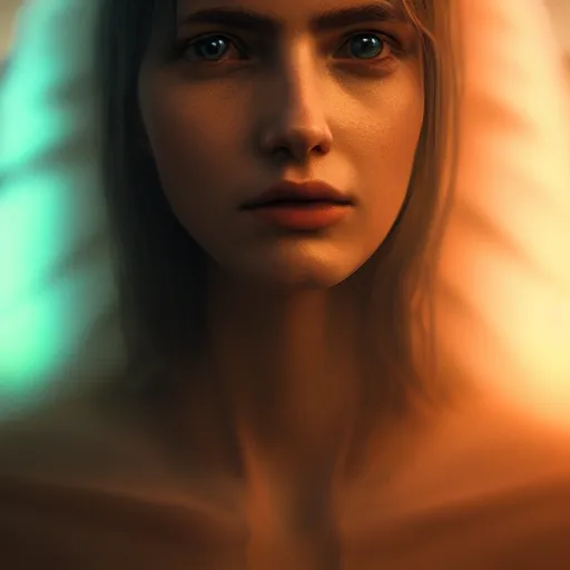 Image similar to portrait art of female angel by alessio albi 8 k ultra realistic, angel wings, lens flare, atmosphere, glow, detailed, intricate, full of colour, cinematic lighting, trending on artstation, 4 k, hyperrealistic, focused, extreme details, unreal engine 5, cinematic, masterpiece