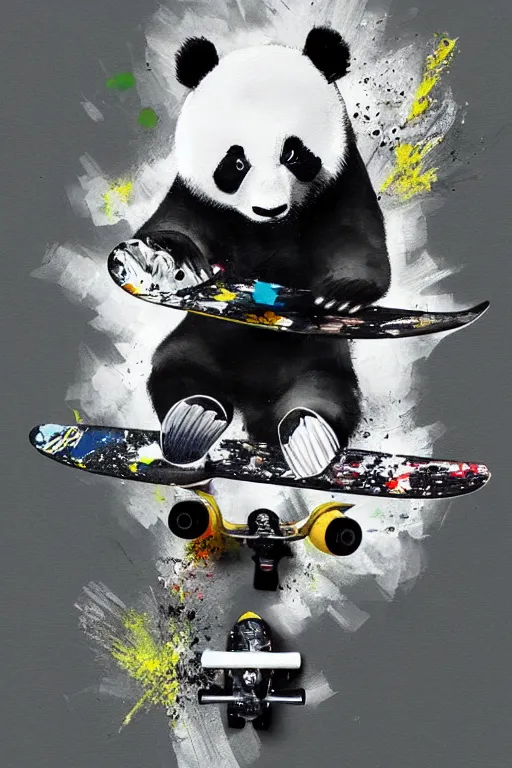 Image similar to a panda riding a skateboard in the style of yoji shinkawa and ashley wood, splatters, detailed