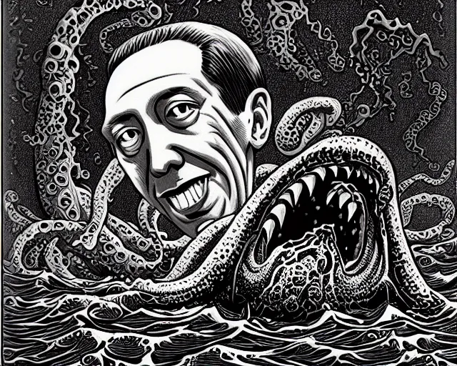 Prompt: h. p. lovecraft swimming in the ocean depths, cosmic horror painting, elegant intricate digital painting artstation concept art by basil wolverton by robert crumb by william eggleston detailed