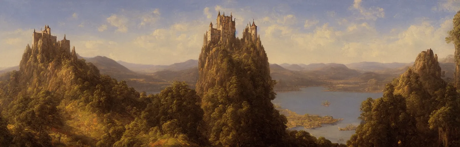 Prompt: a painting of a castle on top of a mountain, a matte painting by Charles Cundall,hudson river school, matte painting, rococo, detailed painting