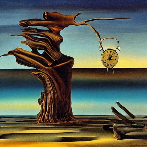 Image similar to a melted clock over a dead tree by salvador dali