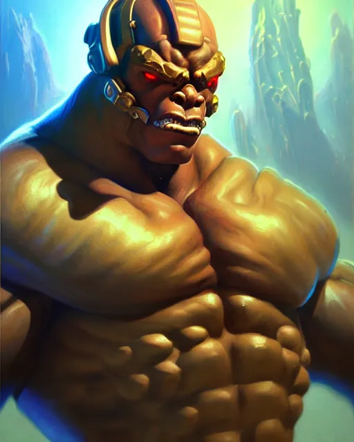 Image similar to doomfist from overwatch, elegant, confident, smug, ripped, buff, strong, fantasy, fantasy art, character portrait, portrait, close up, highly detailed, intricate detail, amazing detail, sharp focus, vintage fantasy art, vintage sci - fi art, radiant light, caustics, by boris vallejo