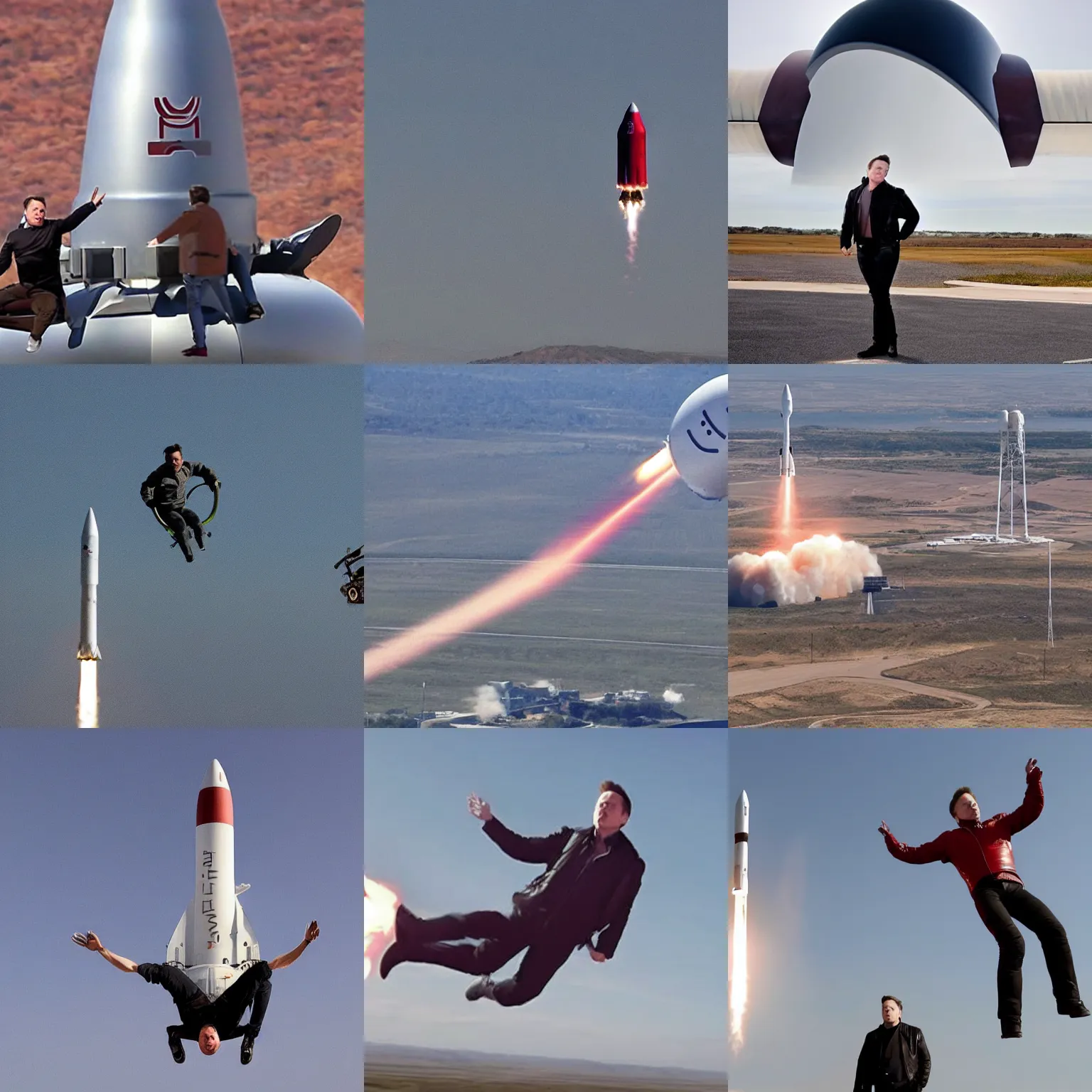 Prompt: elon musk flying riding sitting on a giant rocket