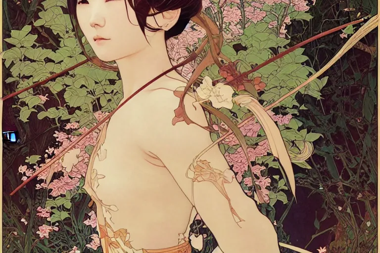 Image similar to beautiful cinematic fantasy poster, asian woman 4 arms side view using a bokken in forest ; intricate complexity, by shigenori soejima, krenz cushart, alphonse mucha, takato yamamoto, conrad roset, 4 k, beautiful, high quality - h 9 6 0