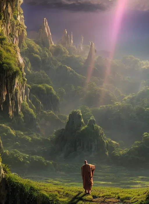 Prompt: a cosmic monk in lord of the rings scenery landscape, looking out at a vast lush valley at sunrise, huge temple in the distance, god's rays, highly detailed, vivid color, cinematic lighting, perfect composition, 8 k, gustave dore, derek zabrocki, greg rutkowski, belsinski, octane render