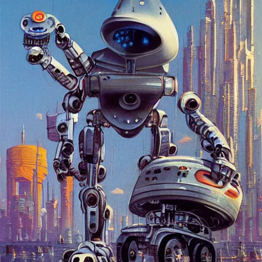 Prompt: robot wearing a buckethat, by John Harri and Michael Whelan and John Berkey and Robert McCall and Chris Foss and Chris Moore and Vincent Di Fate and Rafał Olbiński and Jim Burns