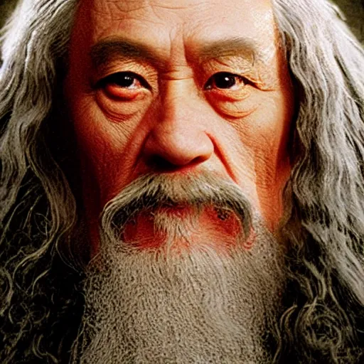 Prompt: a still from “ lord of the rings ” of a head and shoulders portrait of master tang as gandalf, photo by phil noto