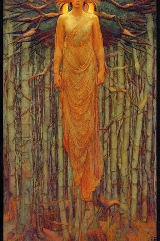 Prompt: spirit of the last forest by Annie Swynnerton and Nicholas Roerich and jean delville, strong dramatic cinematic lighting , ornate headdress , flowing robes, lost civilizations, smooth, sharp focus, extremely detailed