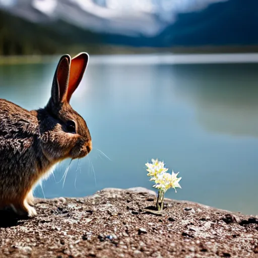 Image similar to a rabbit eating edelweiss on a mountain lake, close - up shot