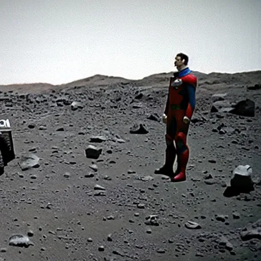 Image similar to zod from superman 2 inspecting the nasa robot curiosity on planet mars