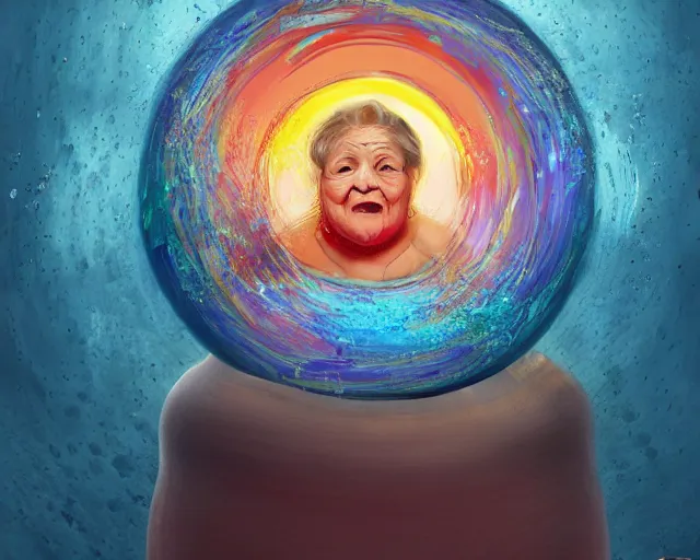 Image similar to םכ a very beautiful scene. processing block environment. a sweet fat old woman peeking from a huge, colorful and beautiful egg. hyper realistic. 4 k. wide angle. in the baroque style. wild. symmetrical face, red mouth, blue eyes. deep focus, lovely scene. processing block environment. concept art. unreal engine.