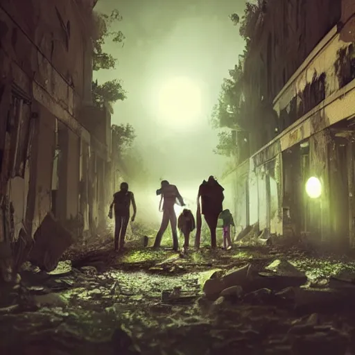 Prompt: A group of people exploring an abandoned city, they use flashlights, realistic, beautiful details, moonlight