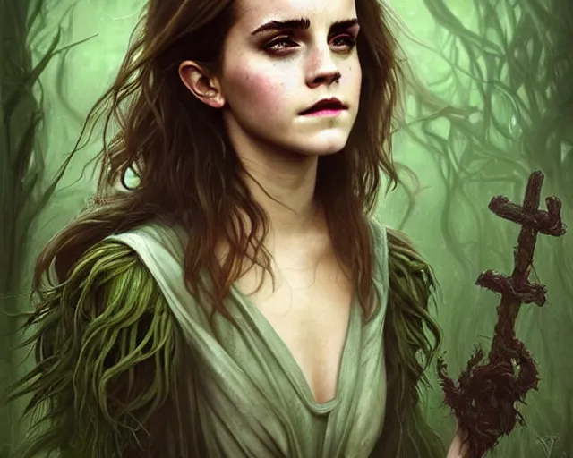 Prompt: mindblowing portrait of emma watson as a swamp witch, green colored skin!!, holding a caduceus staff, messy hair, deep focus, d & d, fantasy, intricate, elegant, highly detailed, digital painting, artstation, concept art, matte, sharp, illustration, hearthstone, art by artgerm and greg rutkowski and alphonse mucha