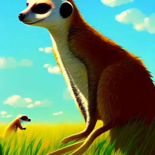 Prompt: goro fujita ilustration a meerkat in profile looking over the meadow, on a sunny day by goro fujita, painting by goro fujita, sharp focus, highly detailed, artstation