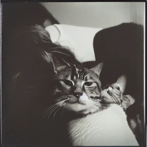 Prompt: A cat licks its owner, polaroid photo,