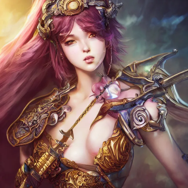 Image similar to studio portrait of lawful good colorful female lancer paladin as absurdly beautiful, elegant, young sensual anime girl, ultrafine hyperrealistic detailed face illustration by kim jung gi, irakli nadar, intricate linework, sharp focus, bright colors, matte, octopath traveler, final fantasy, unreal engine highly rendered, global illumination, radiant light, intricate environment