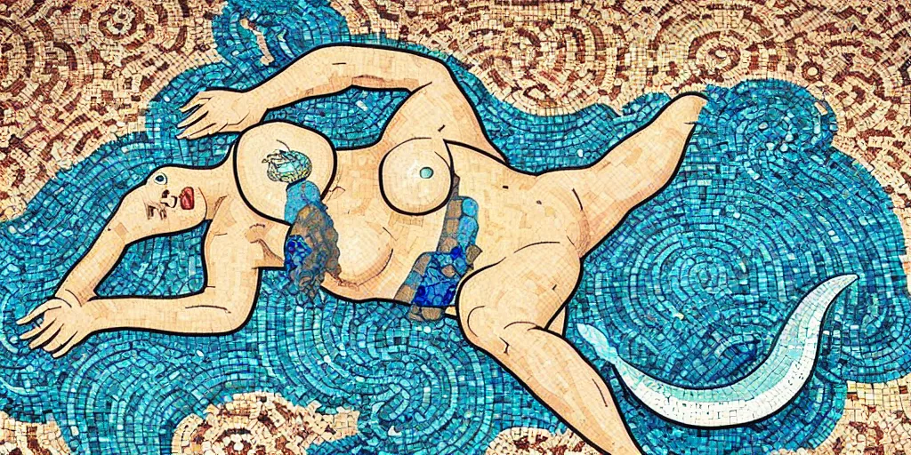 Image similar to ancient roman mosaic of bluehair mermaid with a shell bikini on sea floor, low ceiling, illustration by moebius, victo ngai, josan gonzales, katsuhiro otomo, clean thick line