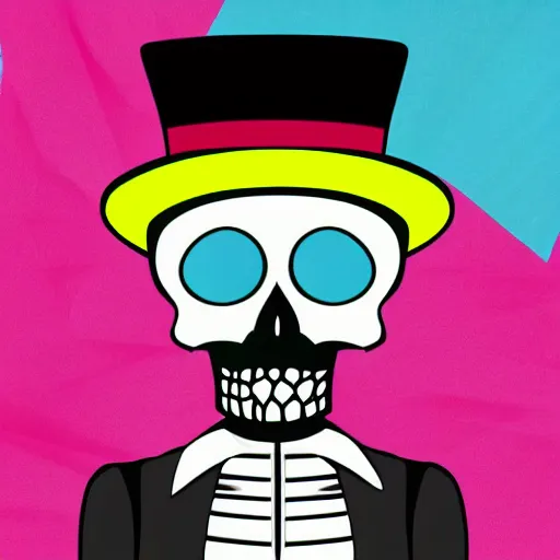 Prompt: colourful skeleton wearing top hat, blank background