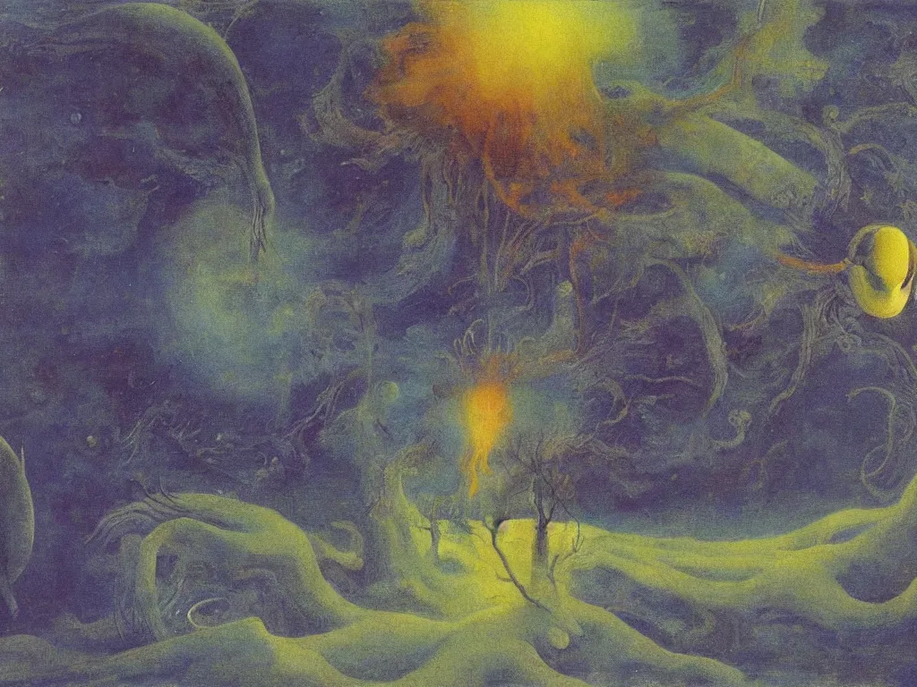 Prompt: alien creature of the blue flame near the turbulent river. painting by mikalojus konstantinas ciurlionis, bosch, max ernst, agnes pelton, rene magritte