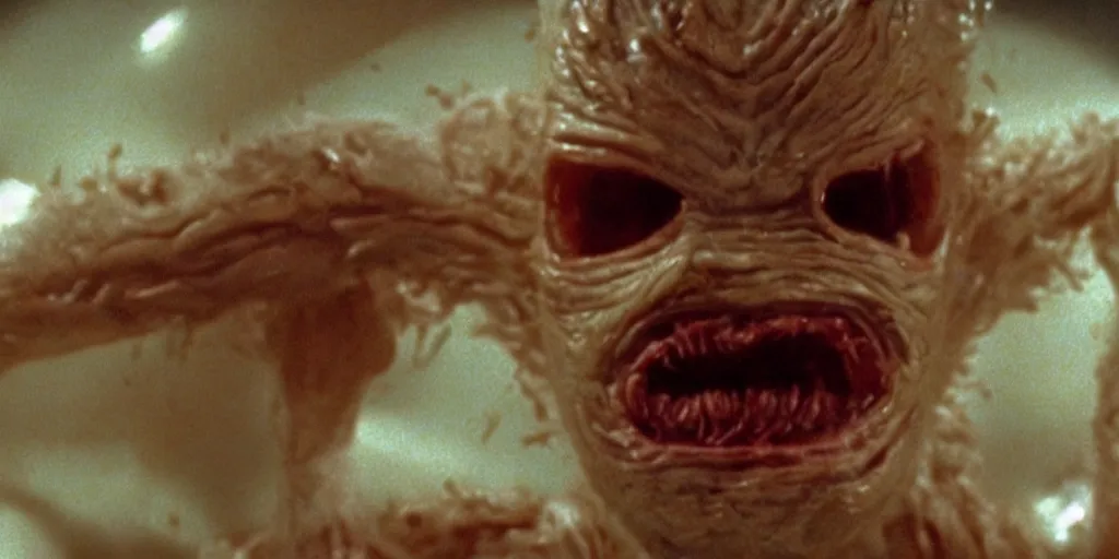 Image similar to filmic extreme closeup dutch angle movie still 4k UHD interior 35mm film color photograph of a a detached snarling distorted deformed human head protruding out of a mutated abstract shape shifting organism made of human internal organs, in the style of a horror film The Thing 1982