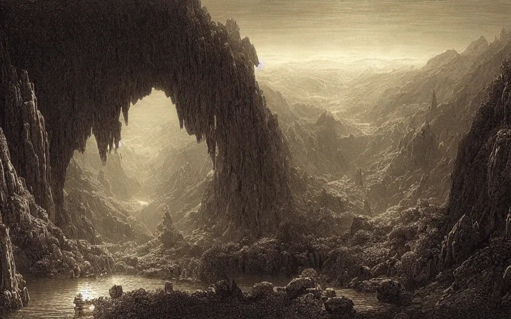 Image similar to a meticulously composed render of a middle earth landscape by francis danby, john martin, and gustave dore,